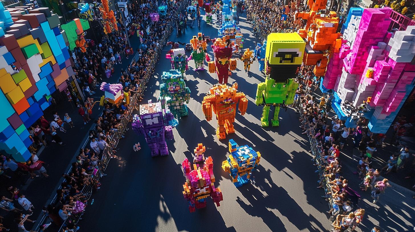 Aerial view of a colorful parade with pixelated robot floats and crowds of spectators lining the street.