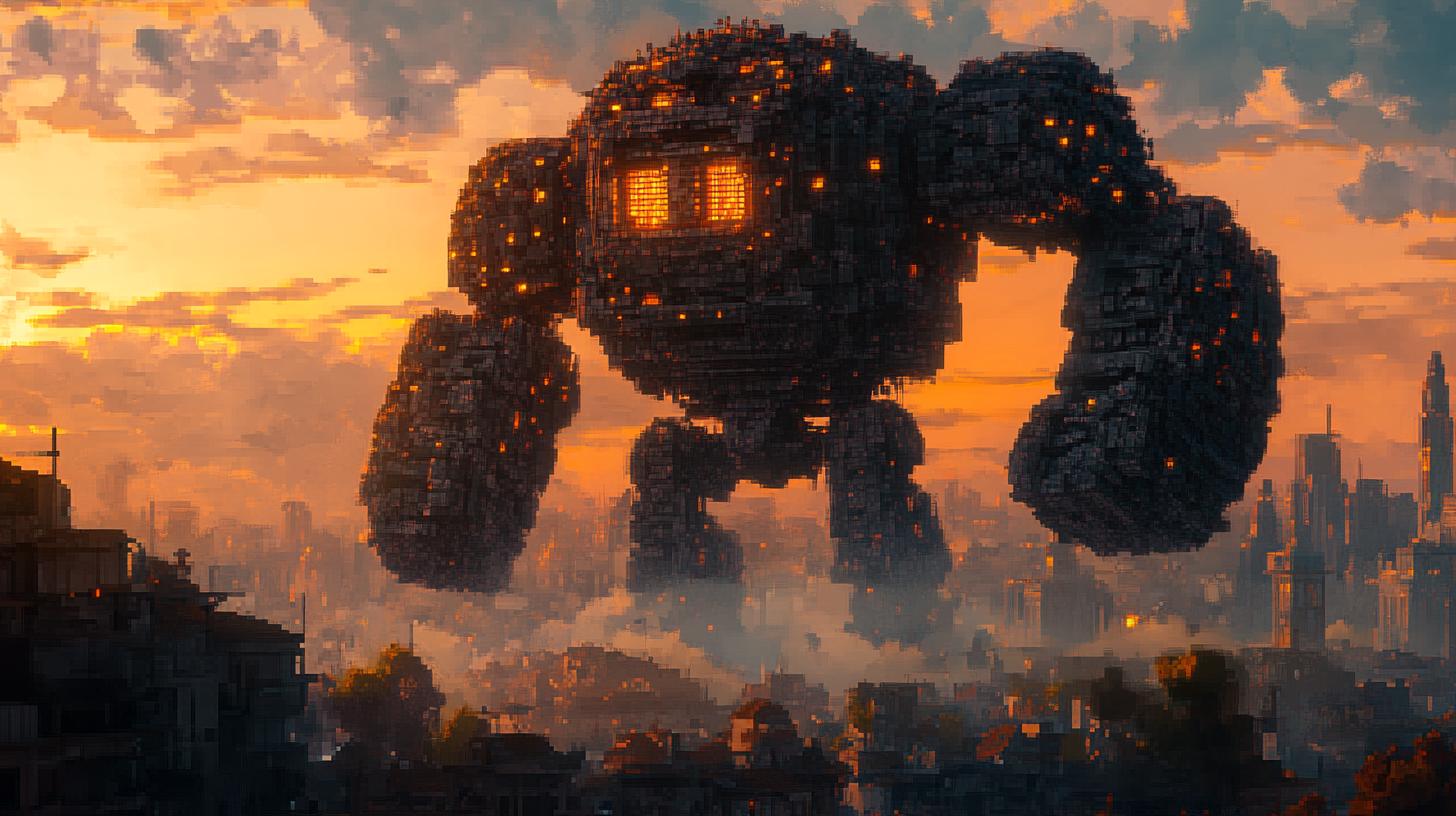 Giant robot in a futuristic cityscape, sunset background, digital art style.