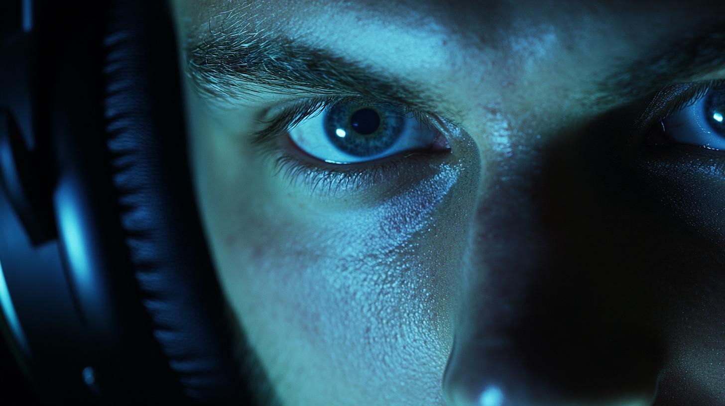 Close-up of a person's intense gaze while wearing headphones in a dimly lit setting.