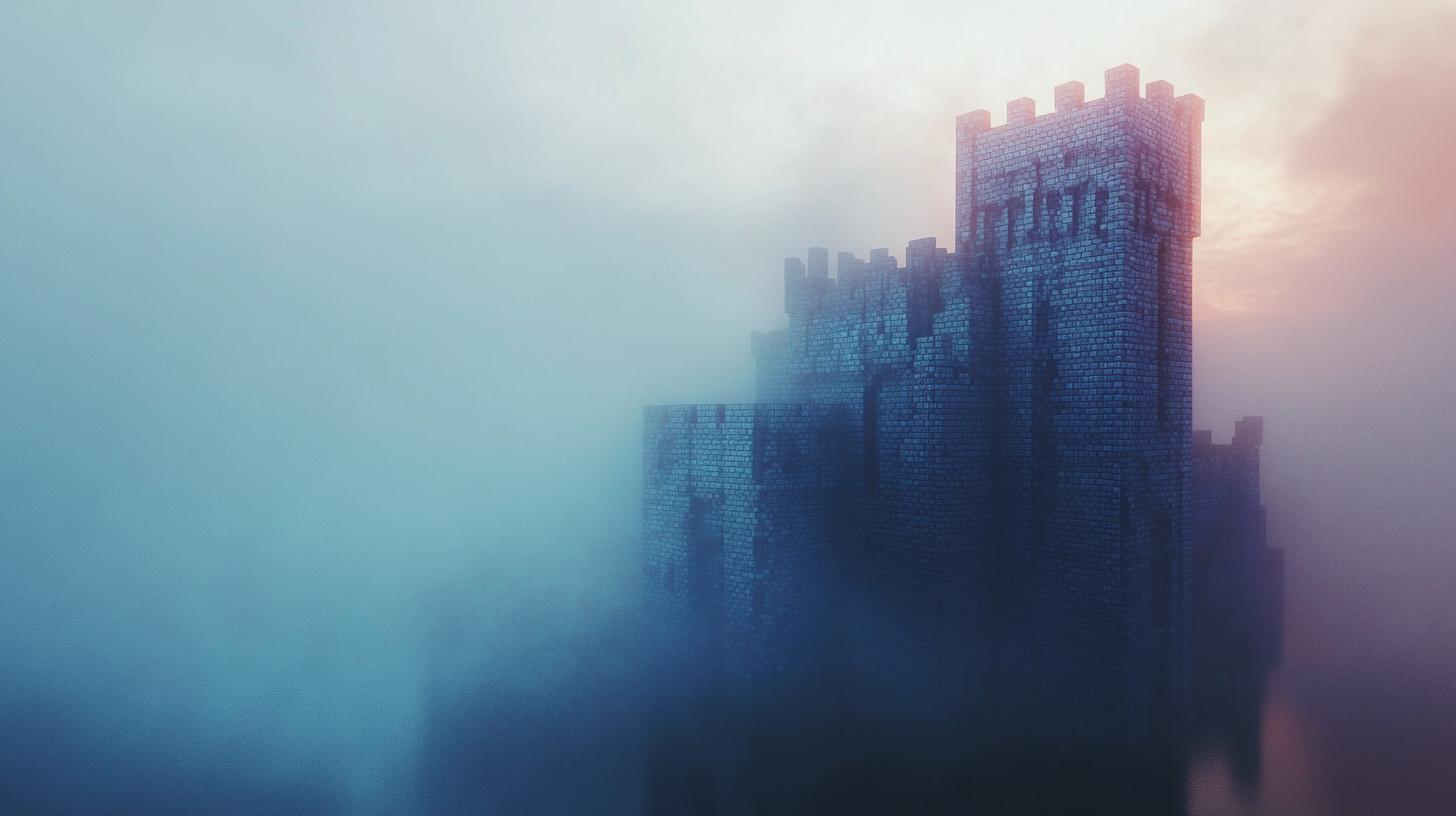 Medieval stone castle shrouded in fog during a misty sunrise.