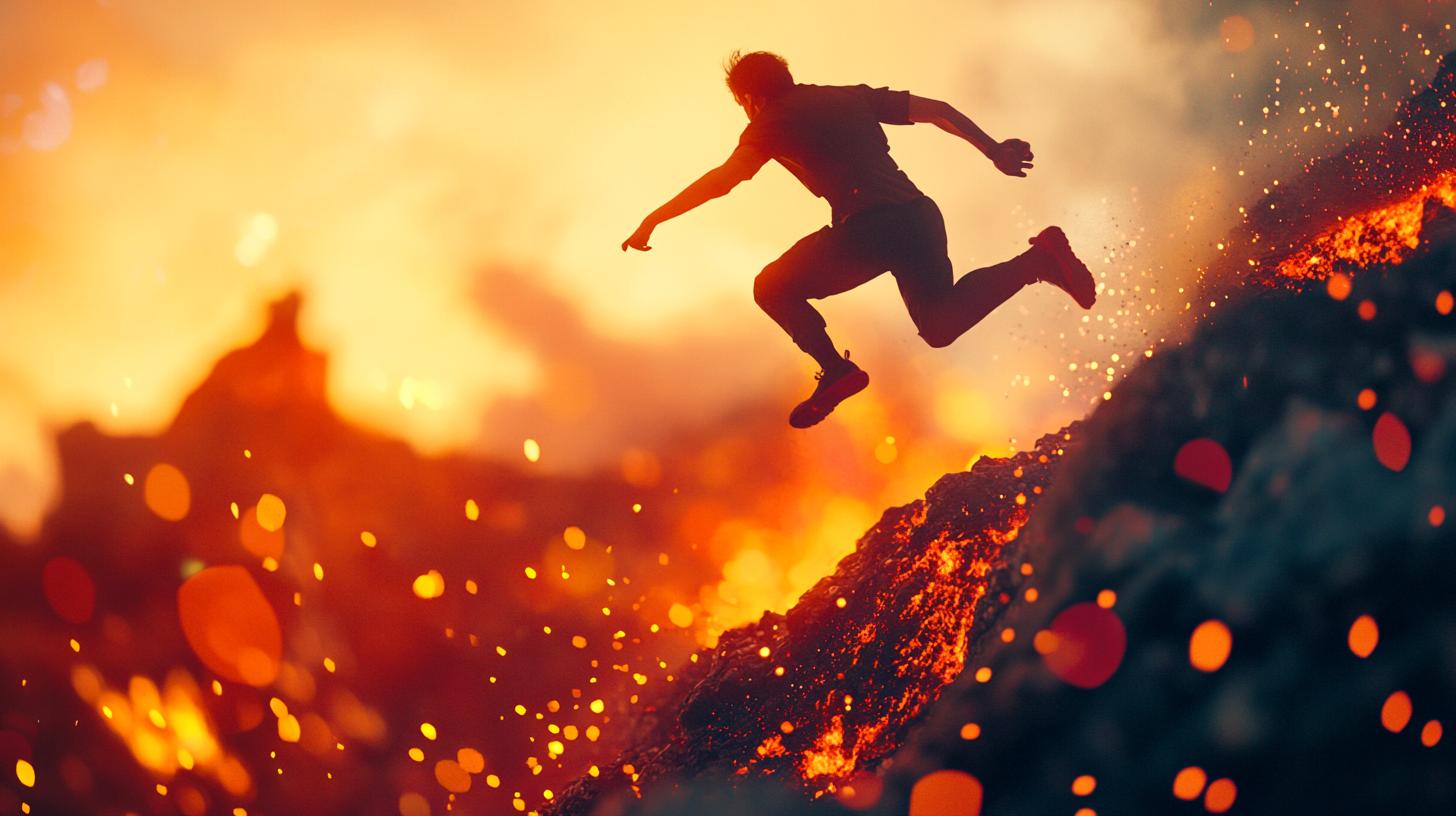 Person jumping over lava flow with fiery background and glowing embers in the air adventurous scene action photography volcanic landscape vibrant colors