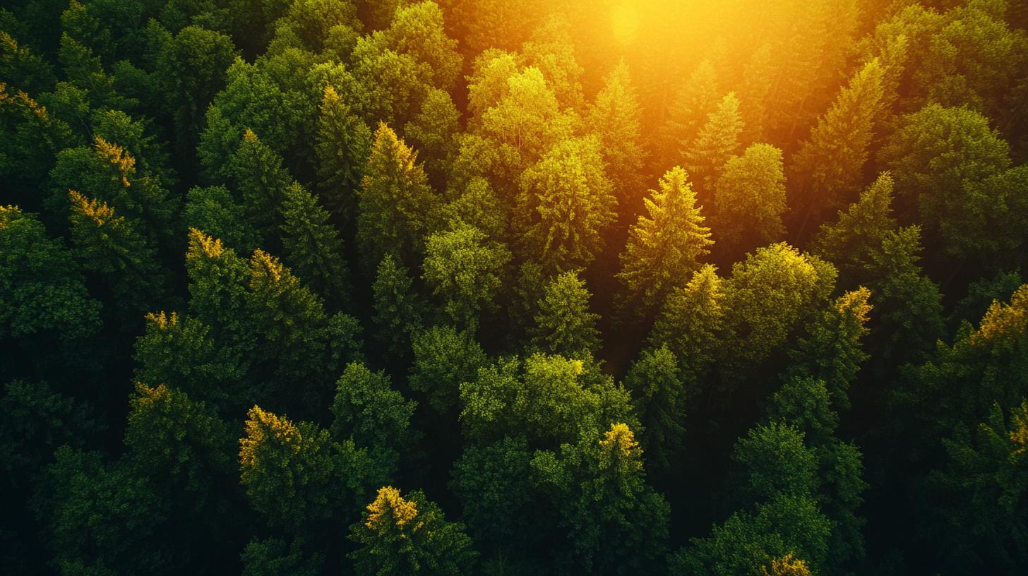 Aerial view of lush green forest with sunlight shining through the trees.