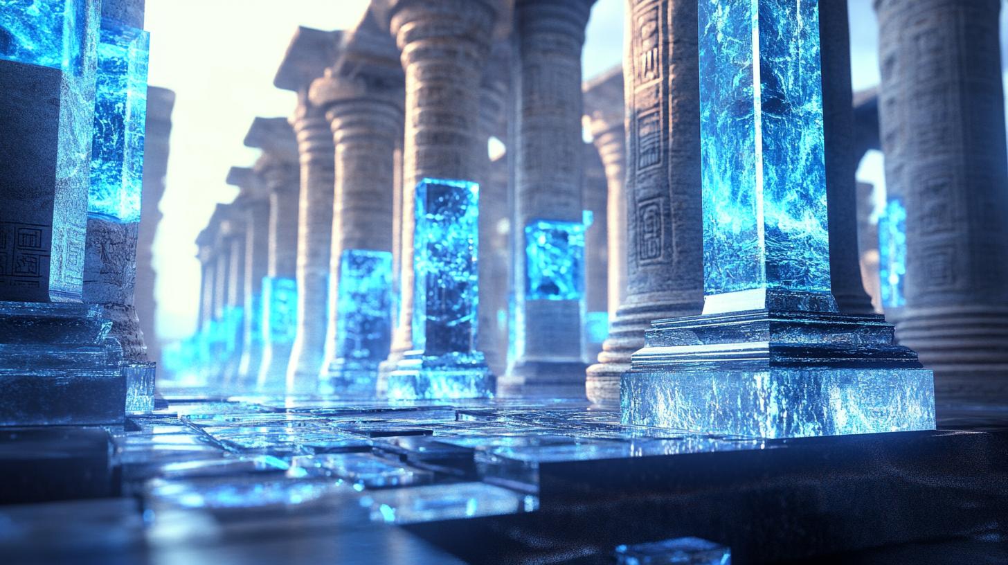 Ancient stone pillars with glowing blue crystals in a mystical setting