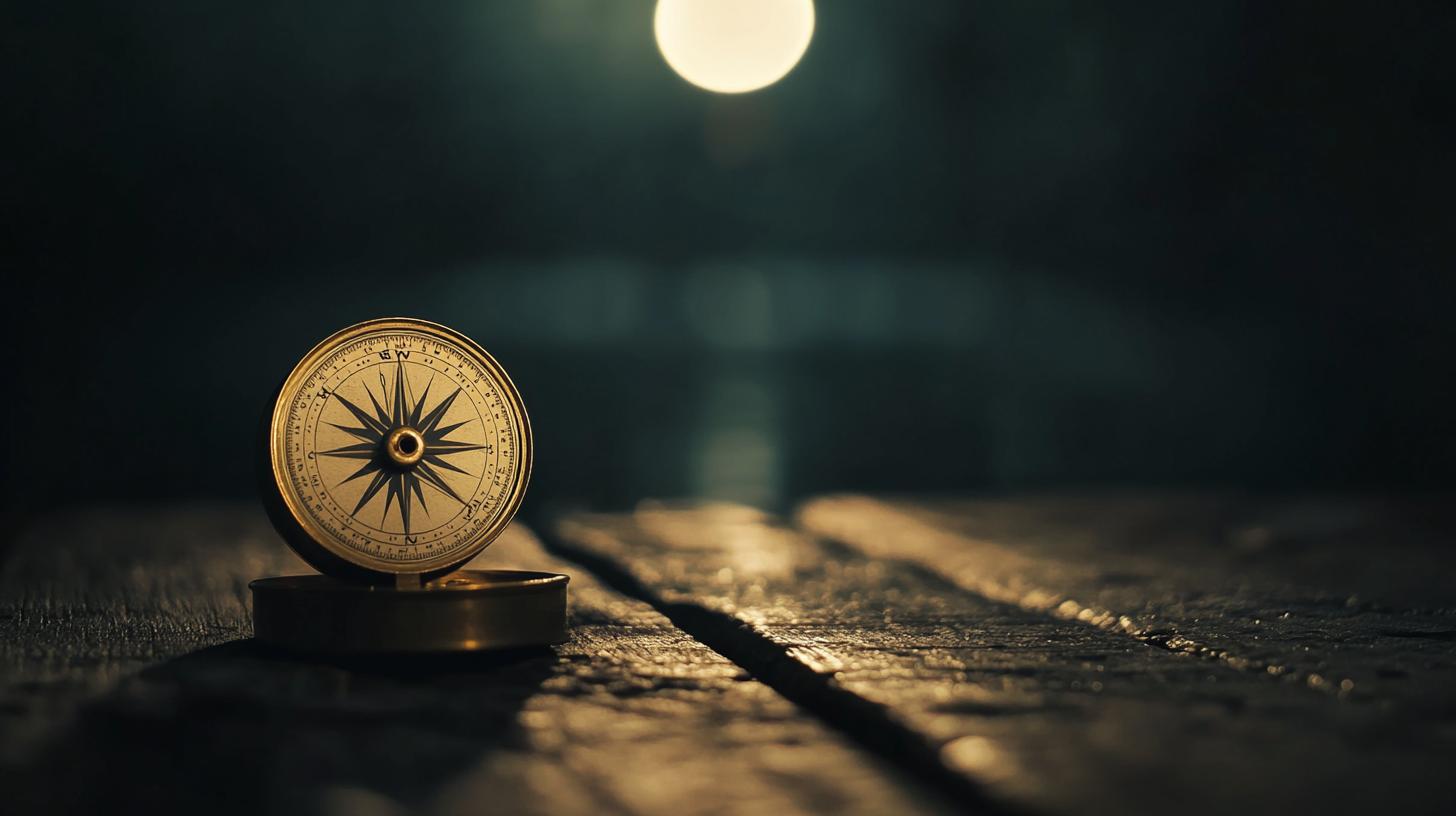 Antique compass on a wooden surface with soft focus background and atmospheric lighting.