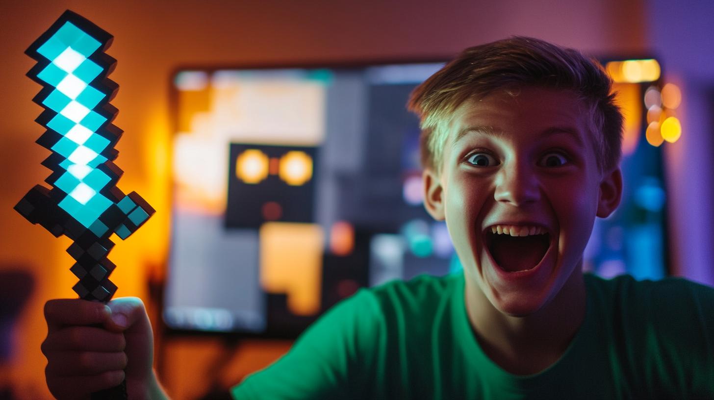 Boy excitedly holding pixelated glowing sword in gaming room with computer screen background