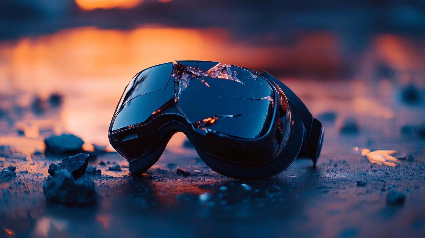 Broken virtual reality headset on ground at sunset reflecting orange and blue hues in the background