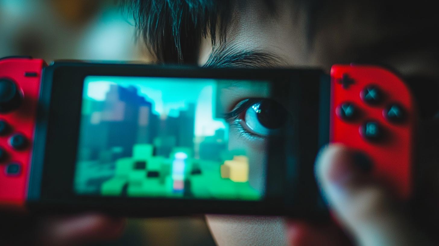 Child playing video game on a handheld console with a focus on eye and screen.