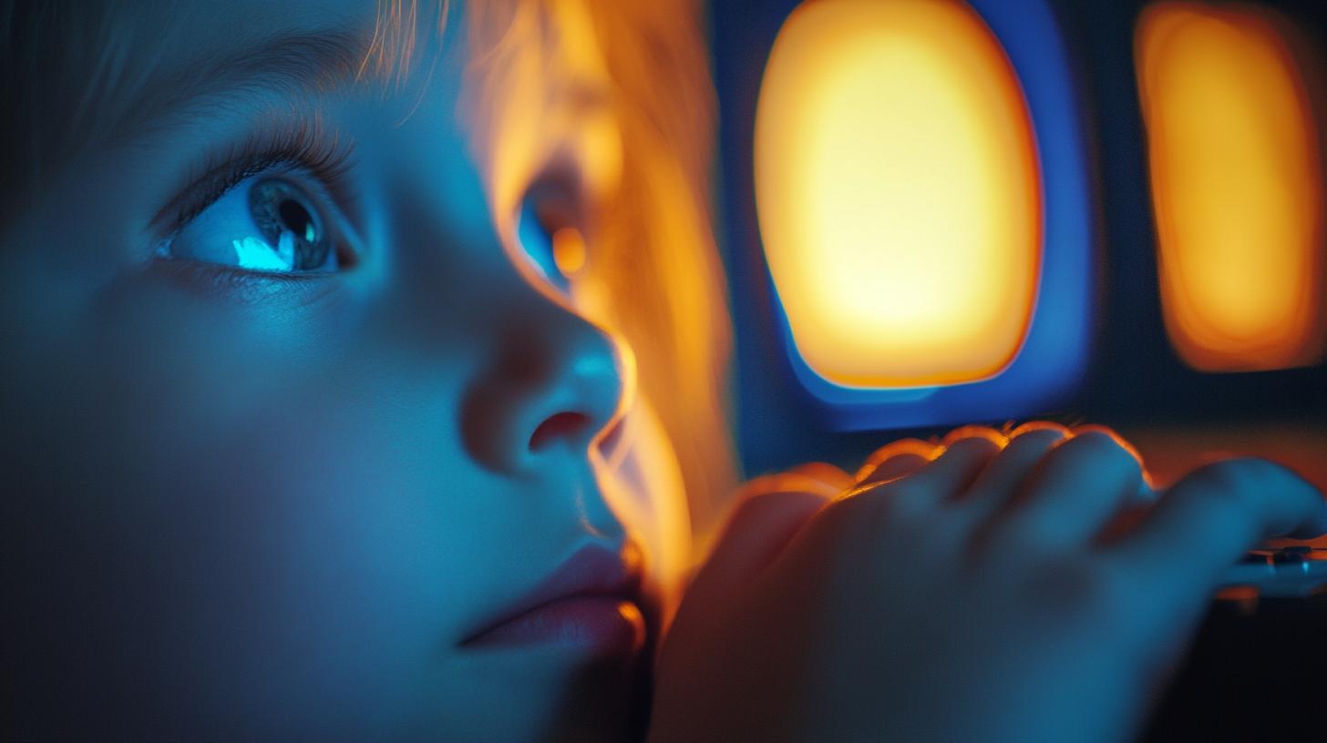 Close-up of a child's face with illuminated eyes looking thoughtfully at a glowing screen.