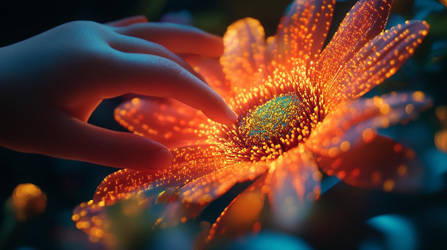 A child's hand gently touches a glowing orange flower with sparkling petals in a nighttime setting.