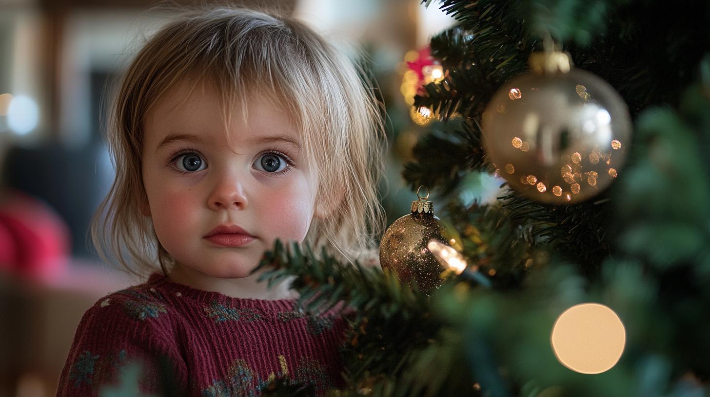 Young child with blue eyes in a festive red sweater stands near a Christmas tree decorated with golden ornaments and glowing lights.