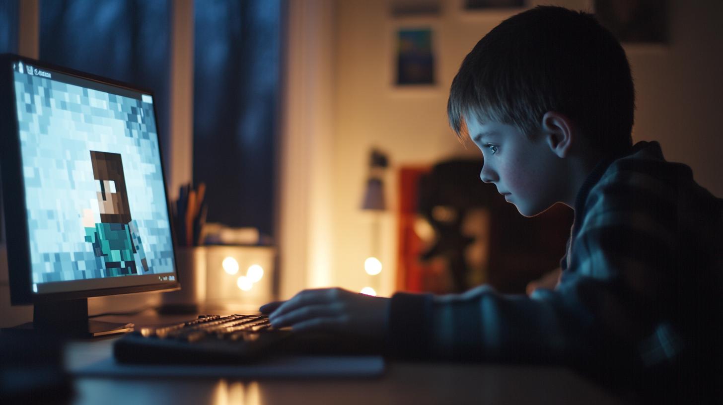 Child playing computer game at night in dimly lit room with pixelated graphics on the screen focused and engaged