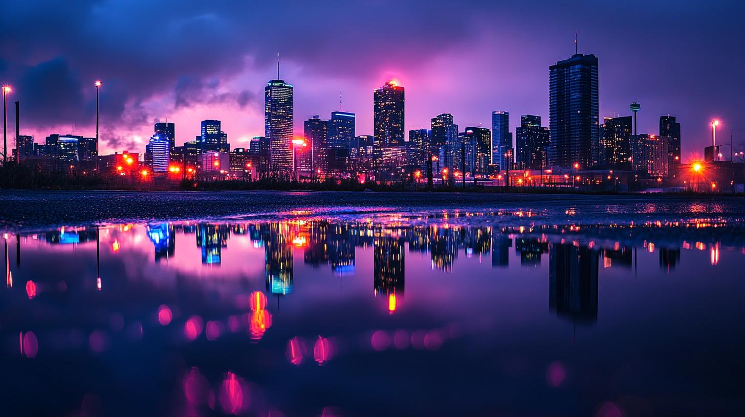 City skyline at night with colorful lights reflecting in water puddles on pavement.