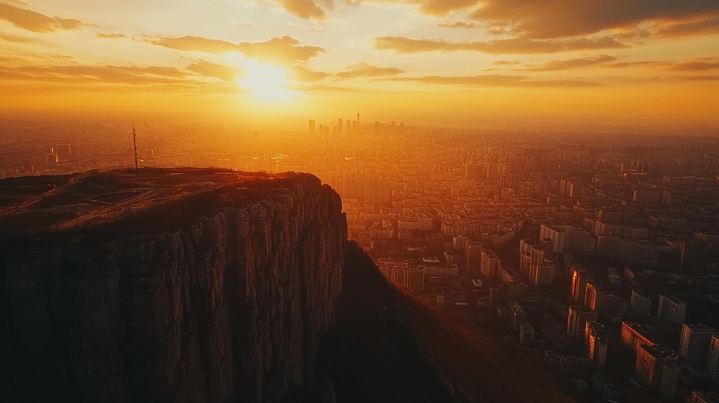 Aerial view of a city skyline at sunset with a cliff in the foreground and skyscrapers in the distance bathed in warm golden light.