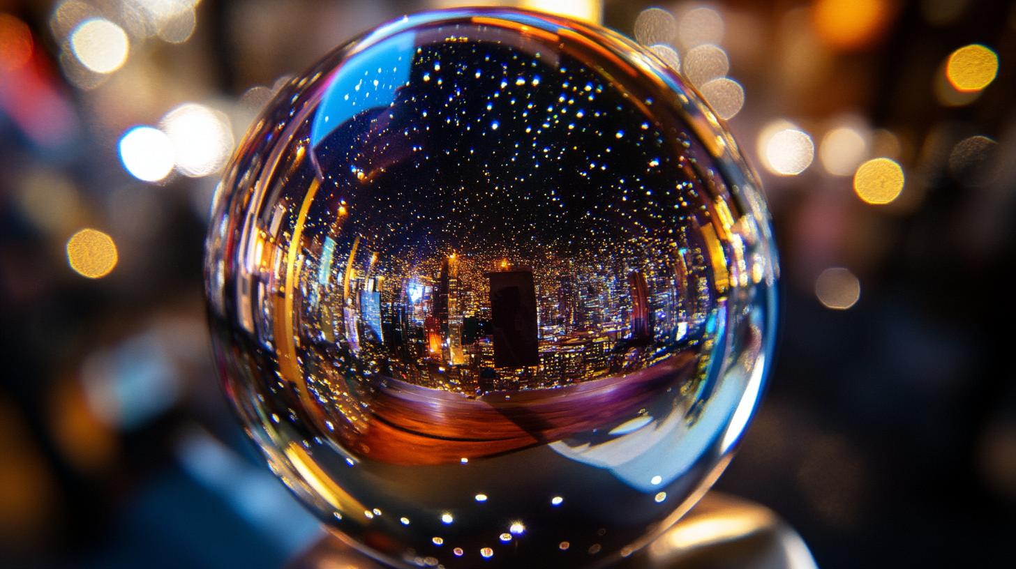 Cityscape reflection in a crystal ball with bokeh lights in the background.