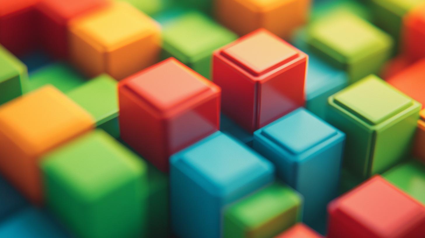 Colorful abstract geometric blocks with a depth of field effect creating a vibrant 3D pattern