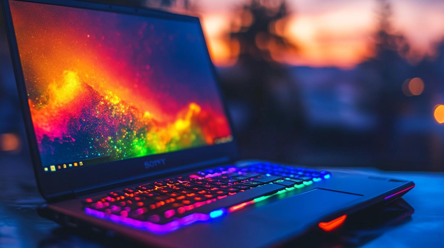 Laptop with colorful backlit keyboard and vibrant display at sunset.