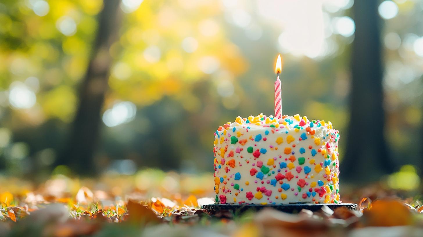 Colorful birthday cake with a lit candle surrounded by autumn leaves in a forest setting.