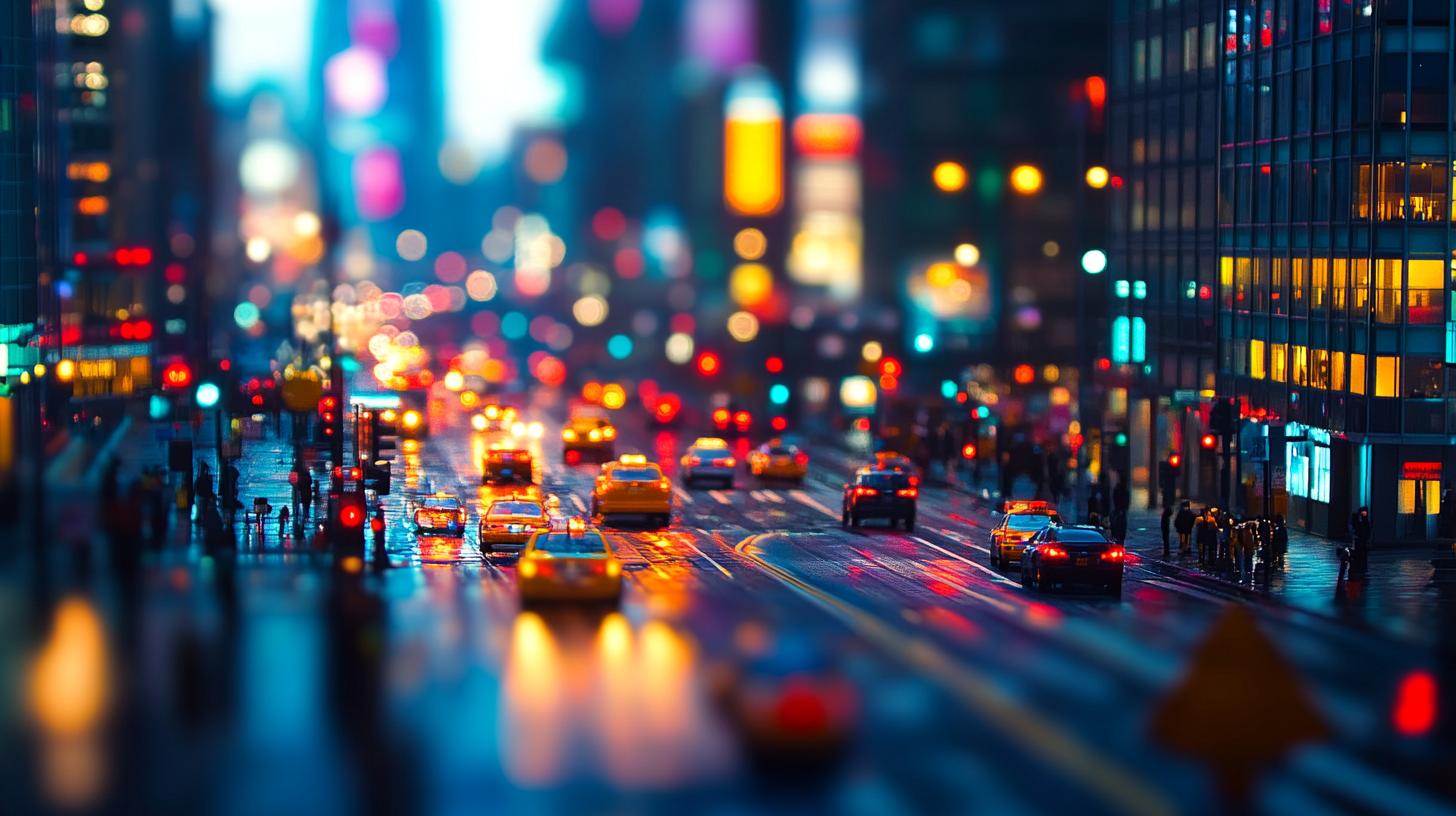 Colorful city street at night with blurred lights and cars on the road.