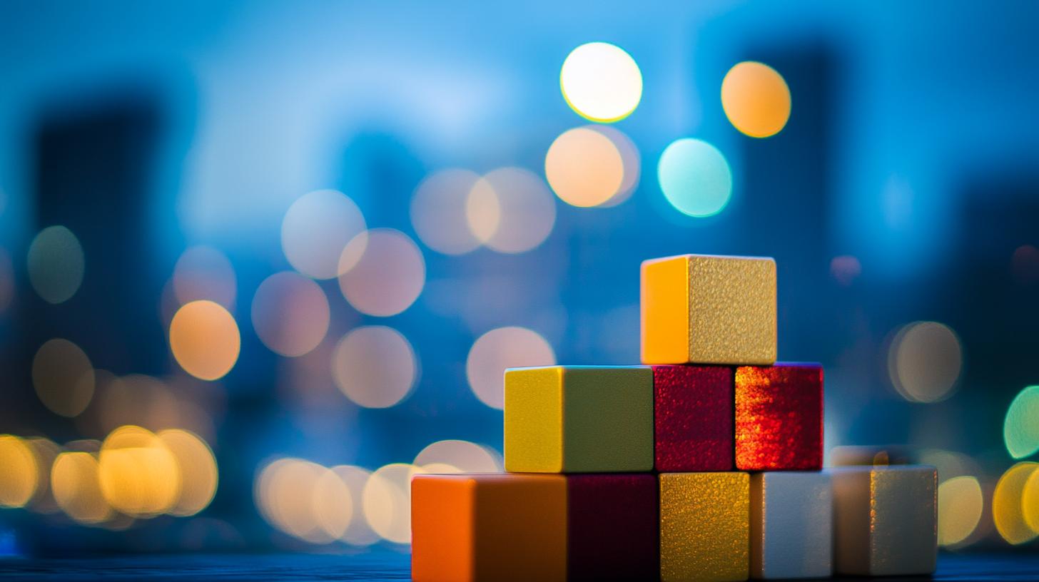 Colorful cubes stacked on a surface with a blurred cityscape and bokeh lights in the background at dusk.