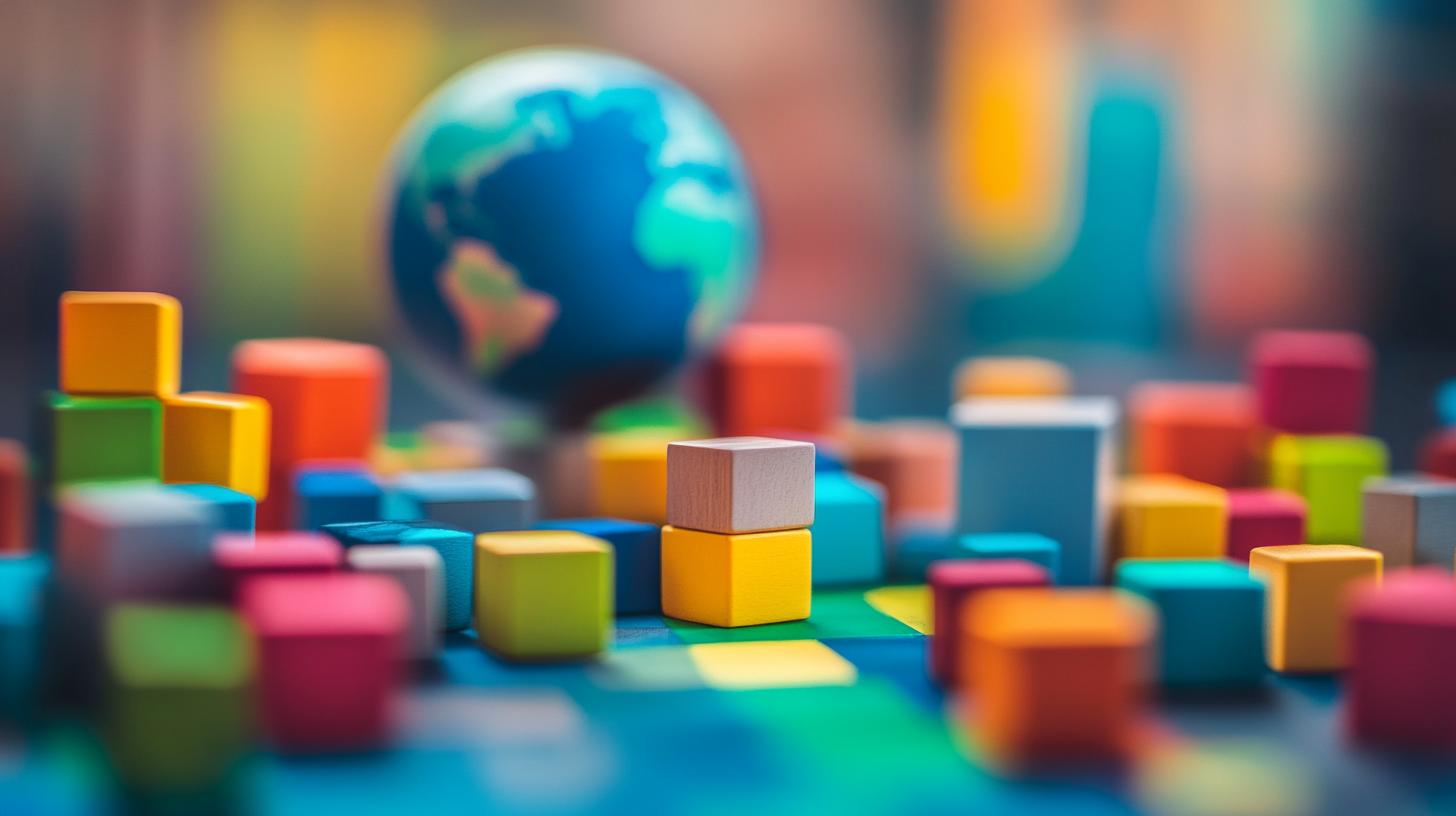 Colorful wooden blocks on a world map background symbolizing global business strategy