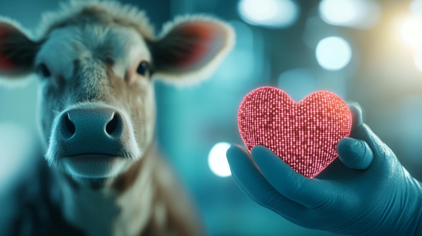 Cow close-up with a gloved hand holding a glowing heart-shaped object in a scientific setting.