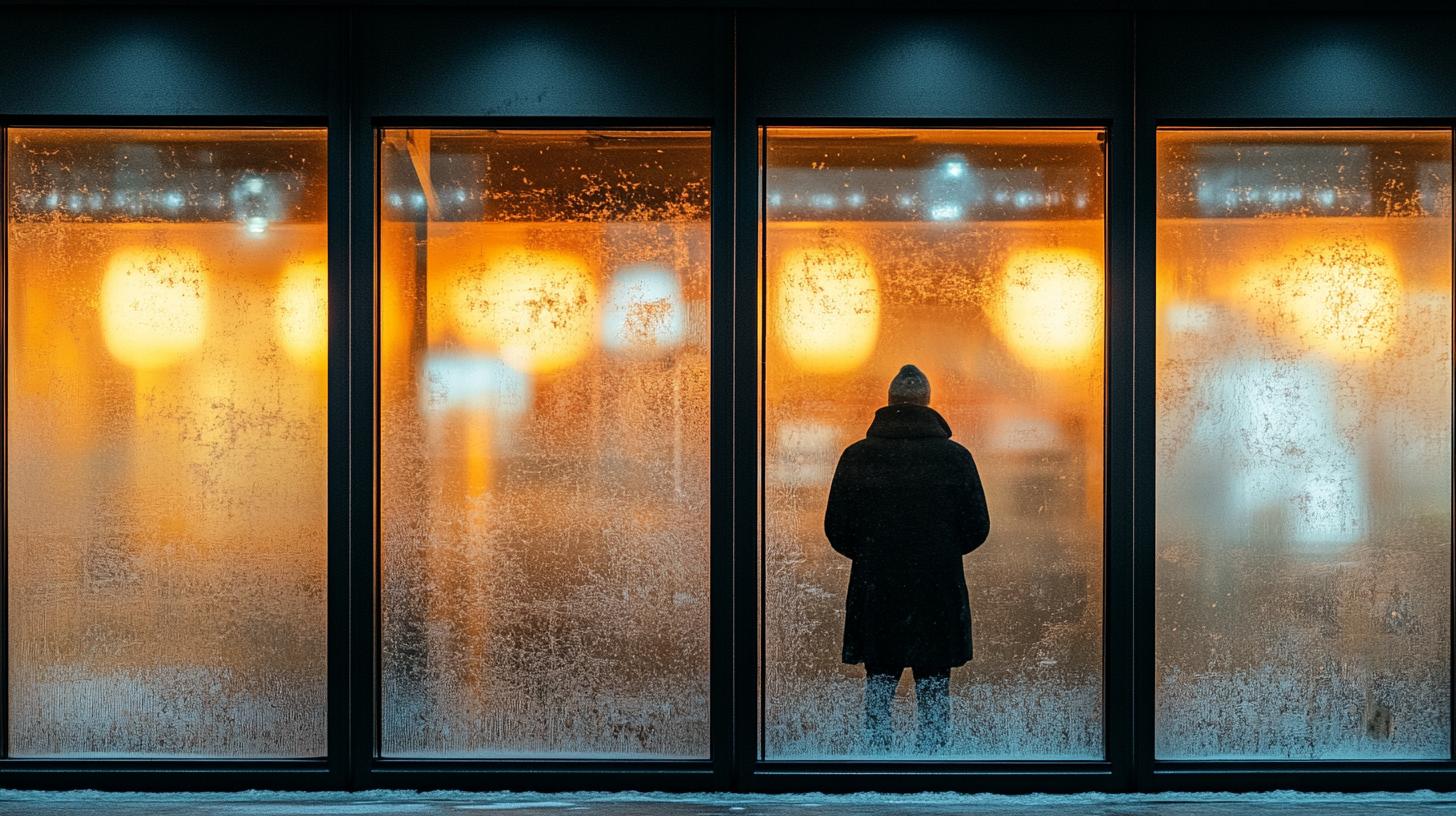 Person standing behind frosty glass with warm glowing lights outside creating a cozy atmosphere.