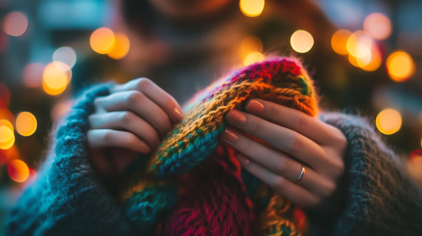 Person holding colorful knitted scarf with bokeh lights background cozy winter atmosphere