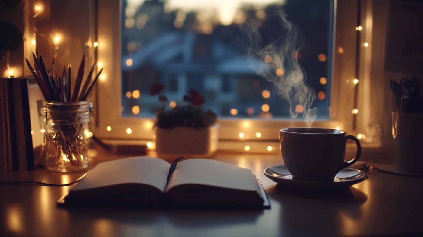 Cozy workspace with an open notebook, steaming cup of coffee, and soft fairy lights by a window at dusk.