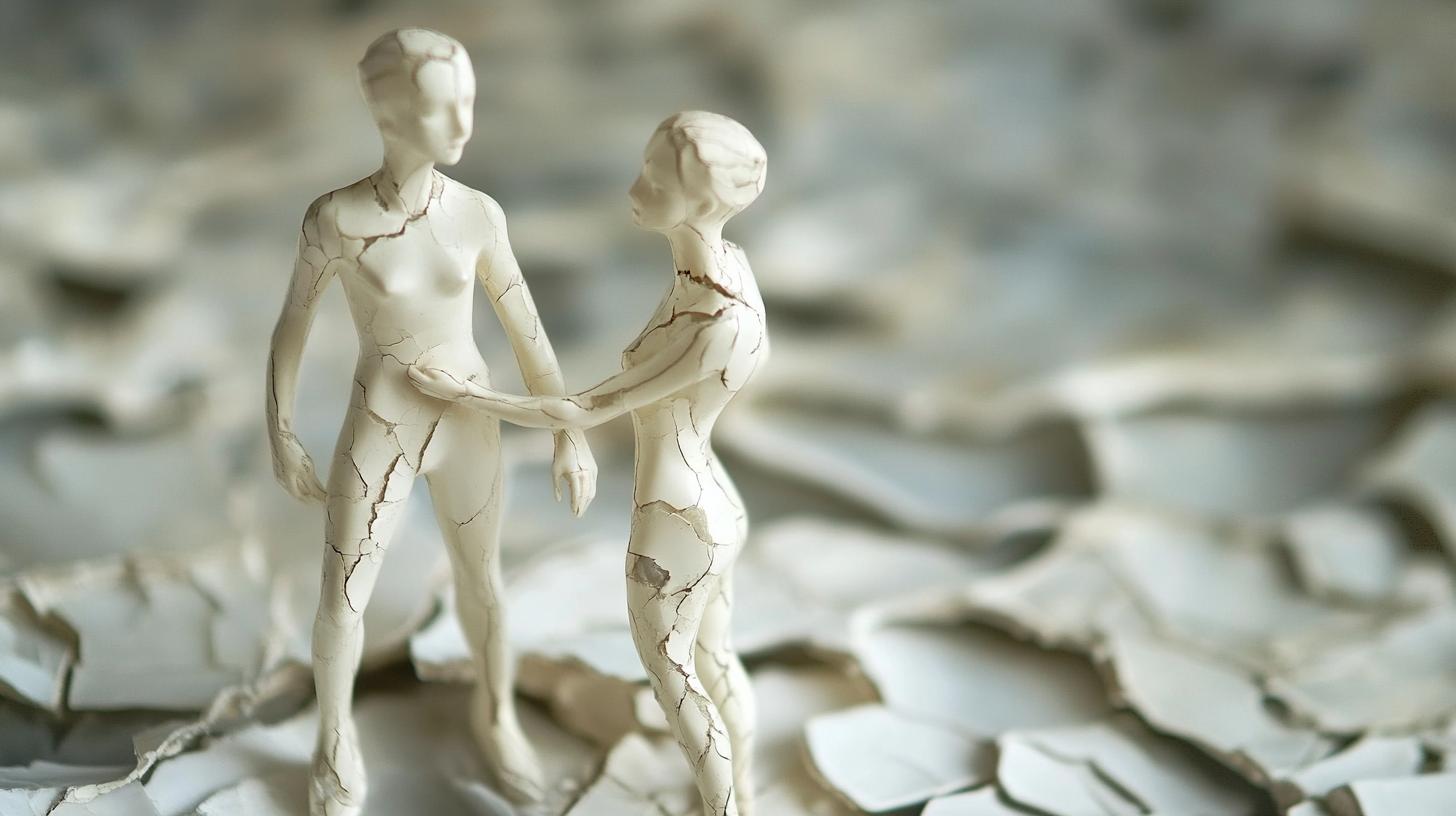 Two cracked porcelain figures stand together on a textured surface conveying themes of fragility and connection.