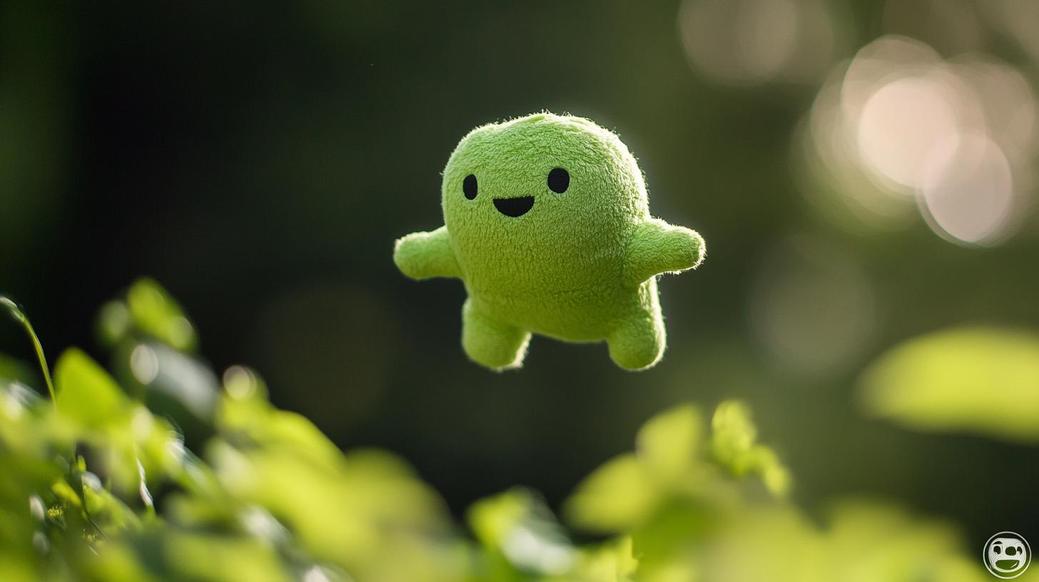 Cute green plush toy hovering above foliage with a blurred background indicating sunlight filtering through leaves