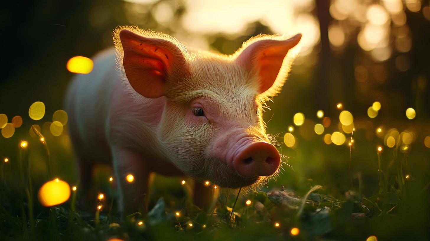 Cute piglet standing in a field with soft evening light and glowing fireflies surrounding it.