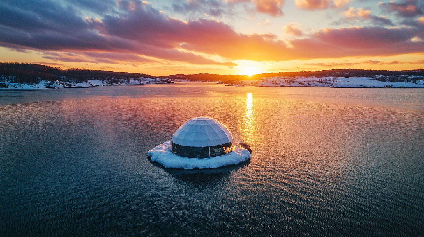 Dome structure on water at sunset winter landscape background