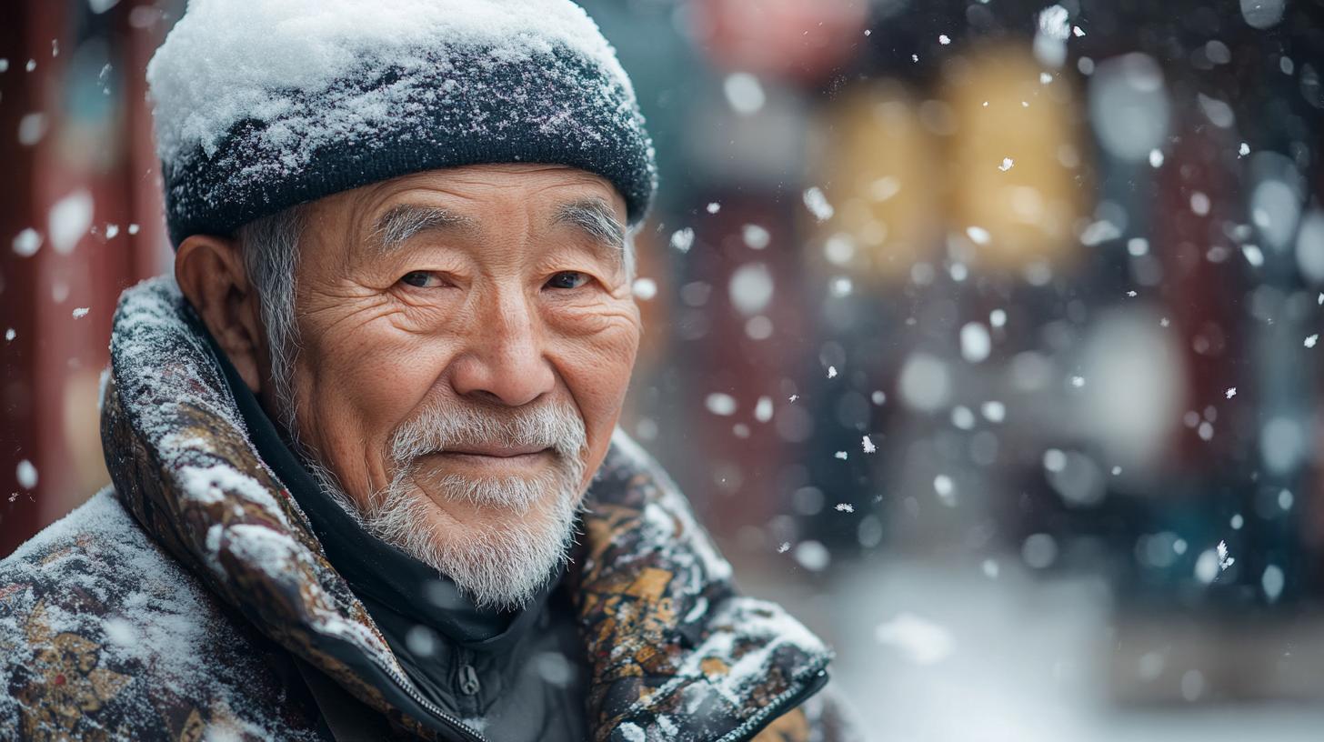 Elderly man in a winter hat smiling outdoors with snow falling around him.