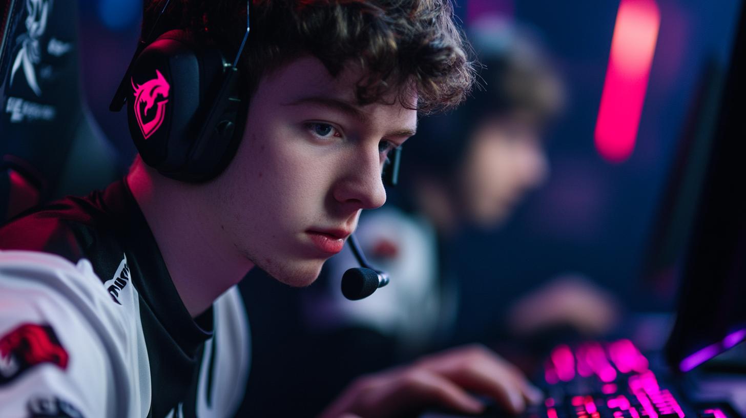 Esports gamer focused on computer screen wearing headset in gaming arena with pink lighting.