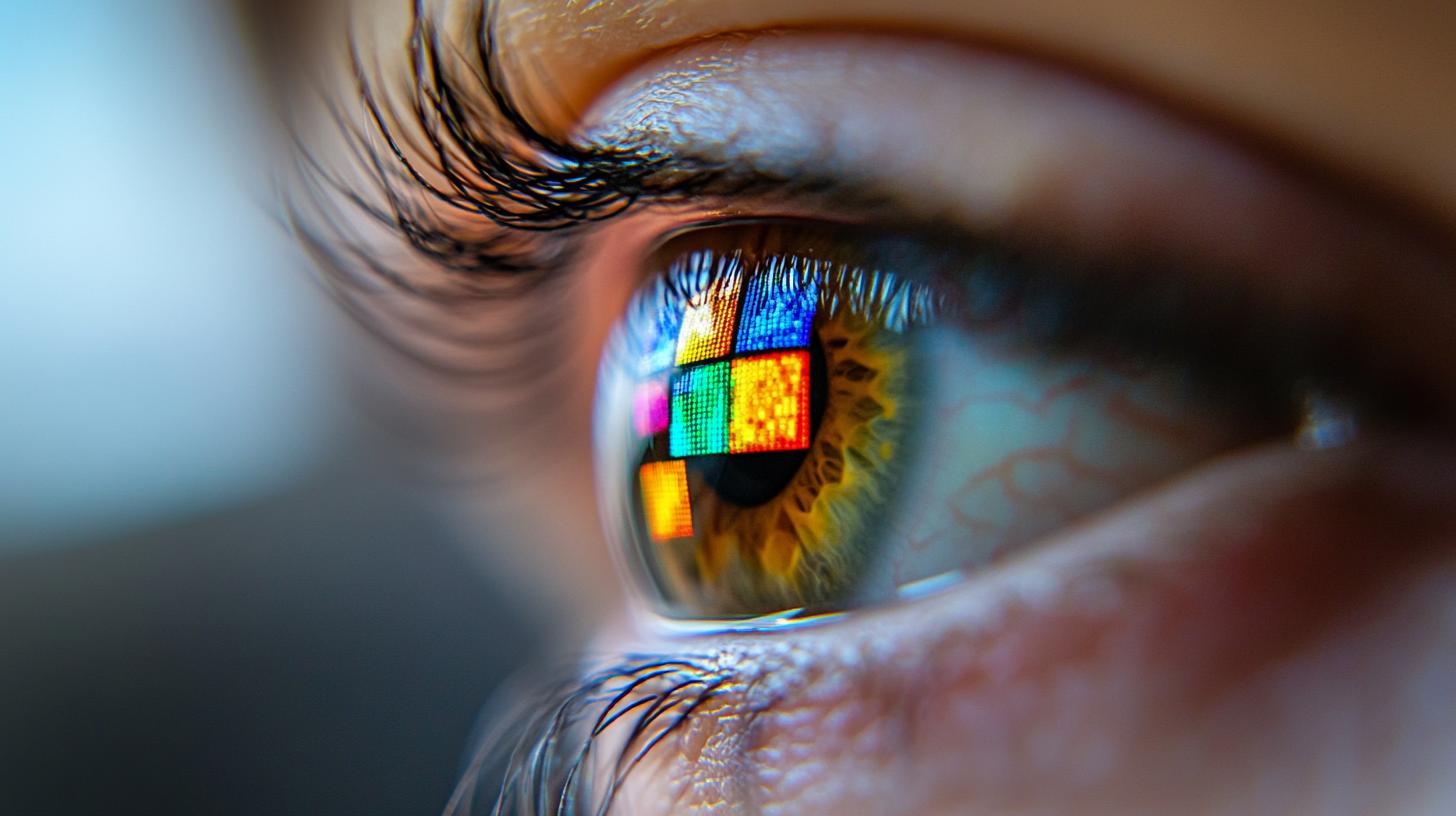 Close-up of a human eye reflecting a colorful computer screen, symbolizing technology and digital interaction.