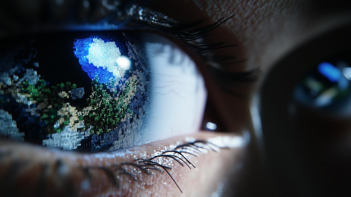 Close-up of a human eye reflecting a digital landscape with vibrant colors and detailed textures highlighting technology and nature integration.