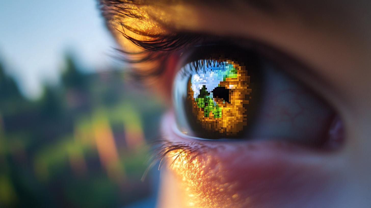 Close-up of a human eye reflecting a pixelated landscape with vivid colors and light.