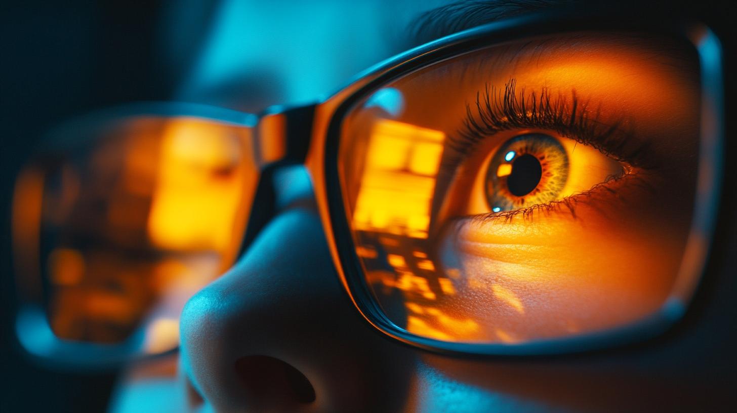 Close-up of a person's eye wearing blue light blocking glasses reflecting a digital screen, highlighting eye protection and digital technology.