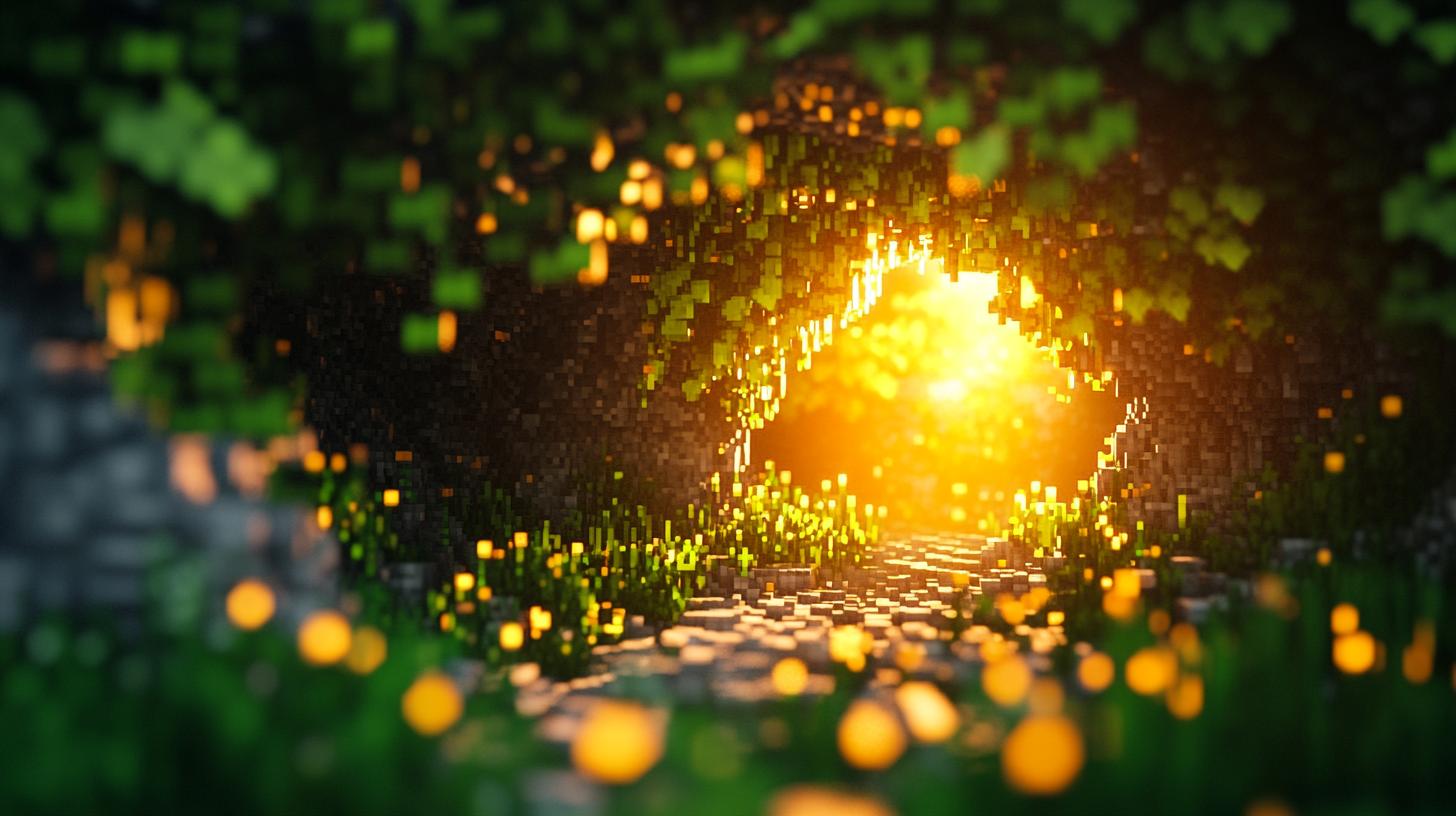 Fantasy cave pathway with sunlight and glowing plants in a 3D rendered scene.