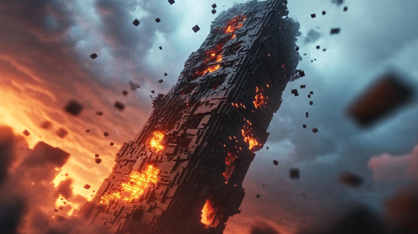 Pixelated fiery tower with smoke and floating debris against dramatic sky at sunset.