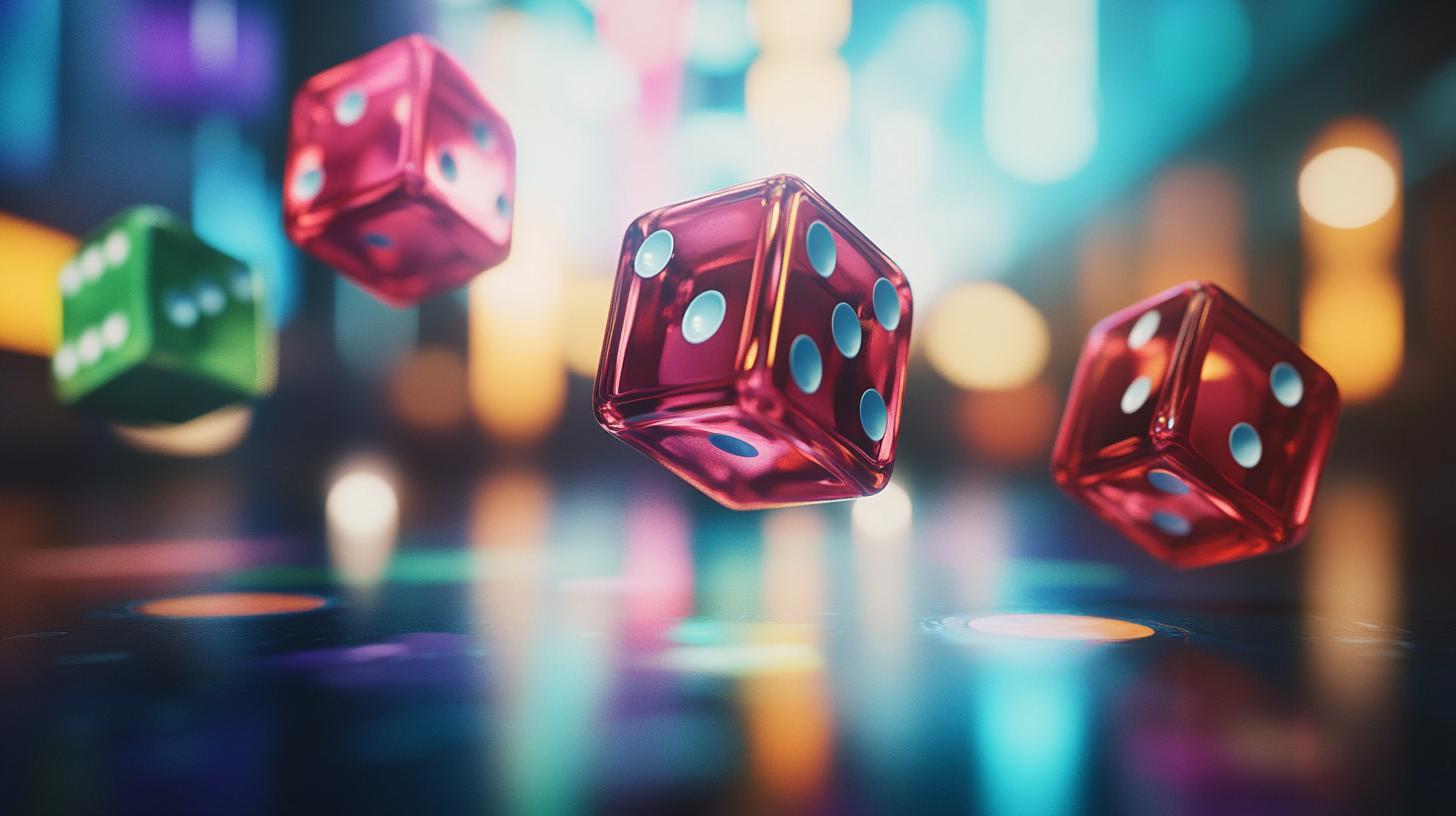 Vibrant floating dice with colorful bokeh background indicating a gaming theme.