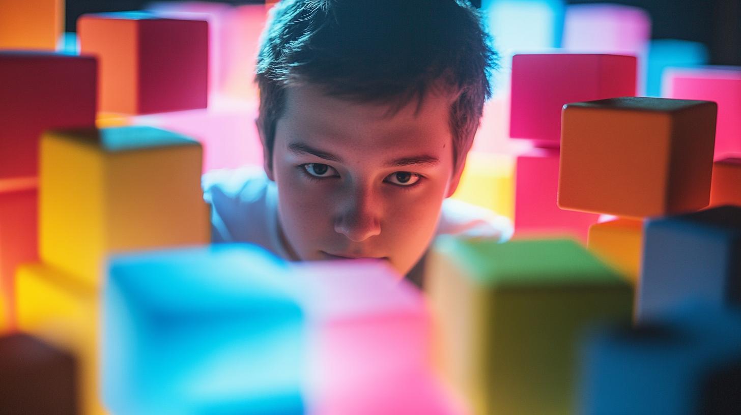 A focused boy surrounded by colorful glowing cubes in a dark environment.