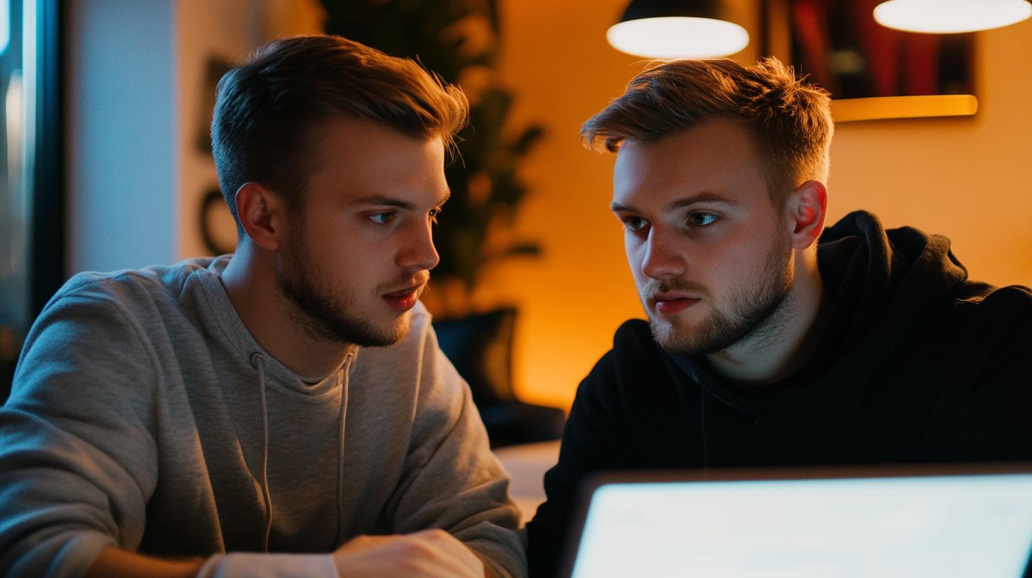 Two young men having a focused conversation in a dimly lit room with a laptop in the foreground.