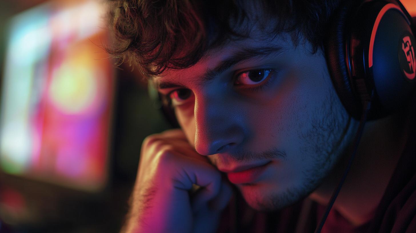 Young man with headphones looking intently at a computer screen in a dimly lit room