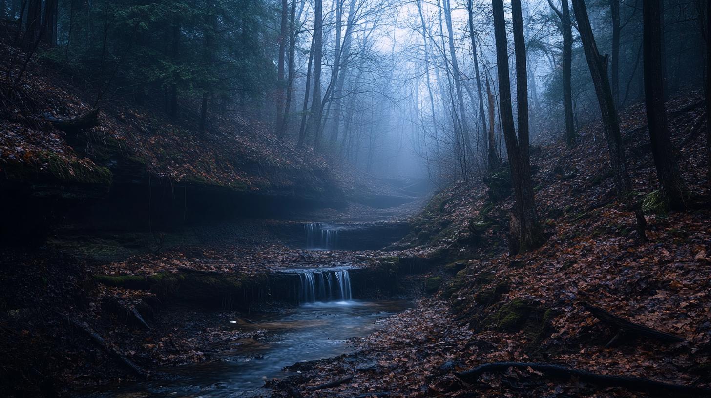 Foggy forest landscape with a small waterfall and stream flowing through autumn leaves.