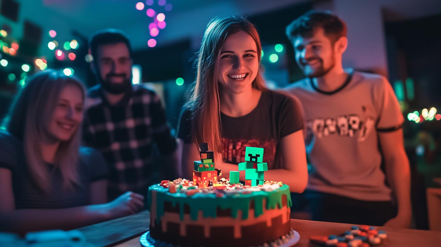 Group of friends celebrating a birthday with a themed cake featuring game characters and vibrant party lights in the background.