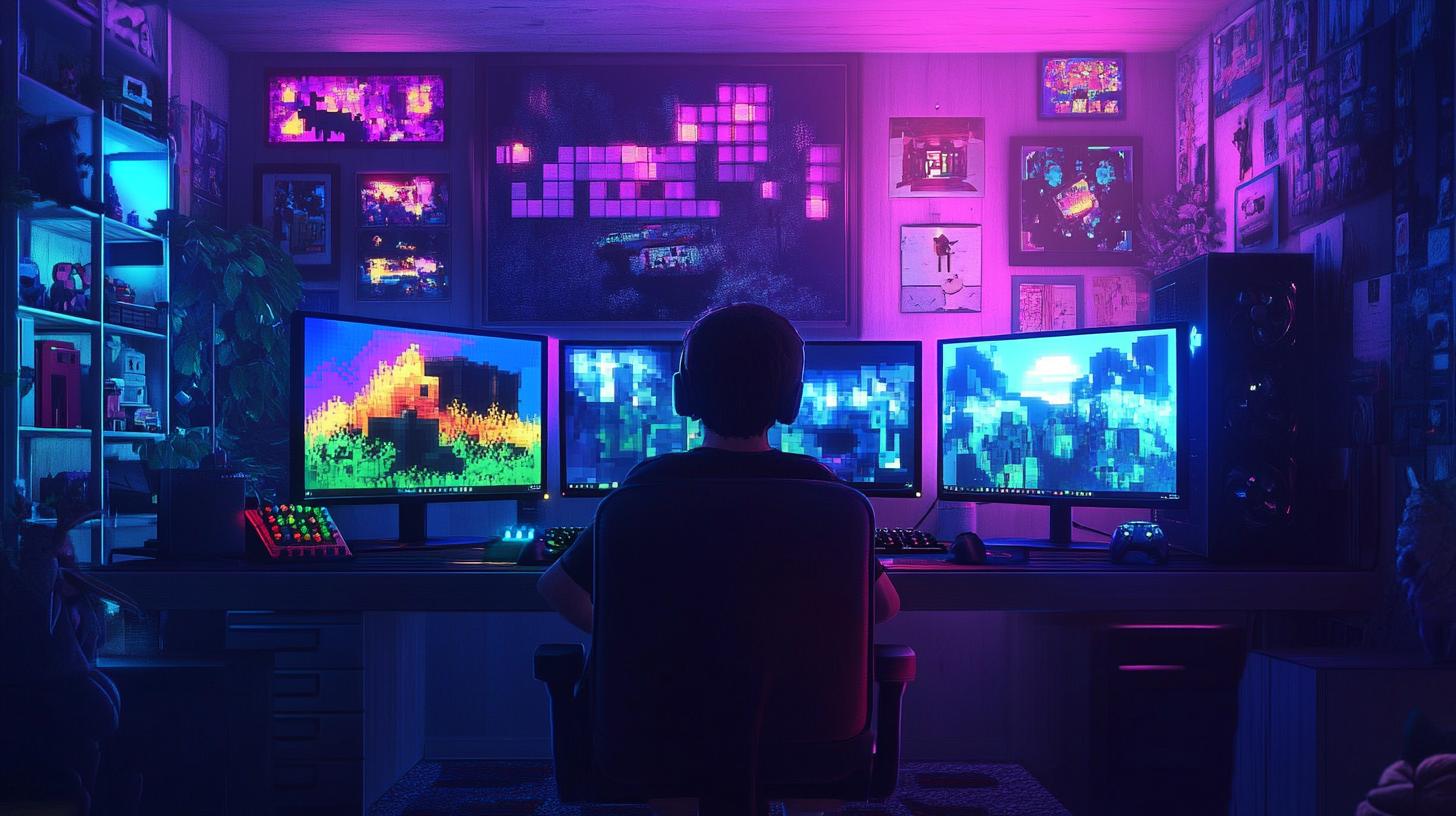 Gaming setup with multiple screens showing pixel art futuristic room with neon lighting person wearing headphones in front of monitors setup includes keyboard and gaming console in a cozy room filled with posters and tech accessories