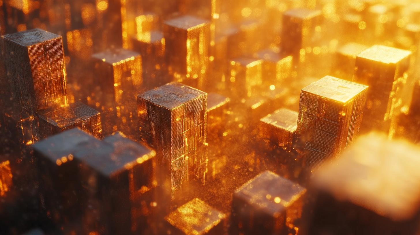 Futuristic glowing cityscape with tall pixelated buildings illuminated by warm golden light.