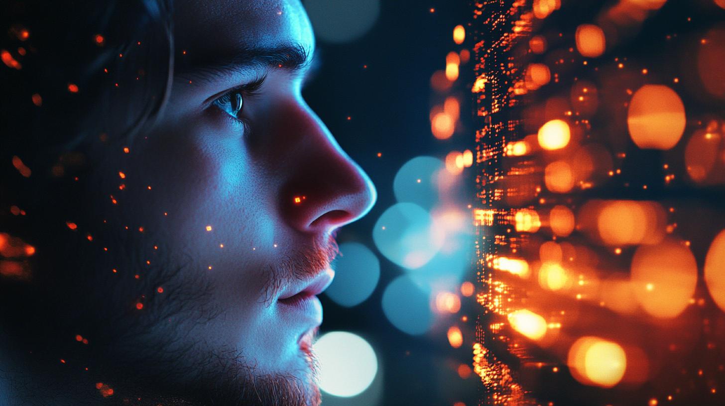 Profile of a person looking at a vibrant digital interface with glowing orange and blue lights in a futuristic setting