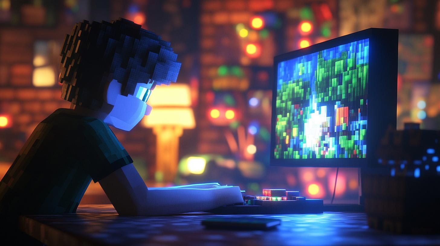 Pixel art style gamer focused on computer screen in a vibrant room with colorful lighting ambiance